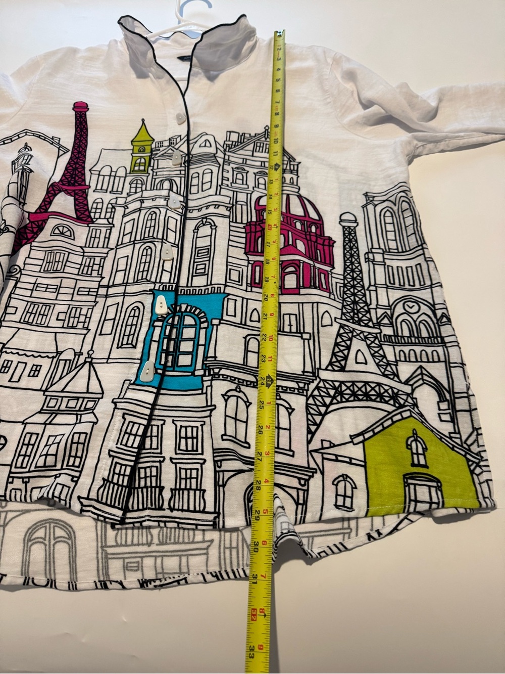 John Mark White Cityscape Button-Up Blouse with Pink, Teal, Lime Accents - Picture 3 of 6